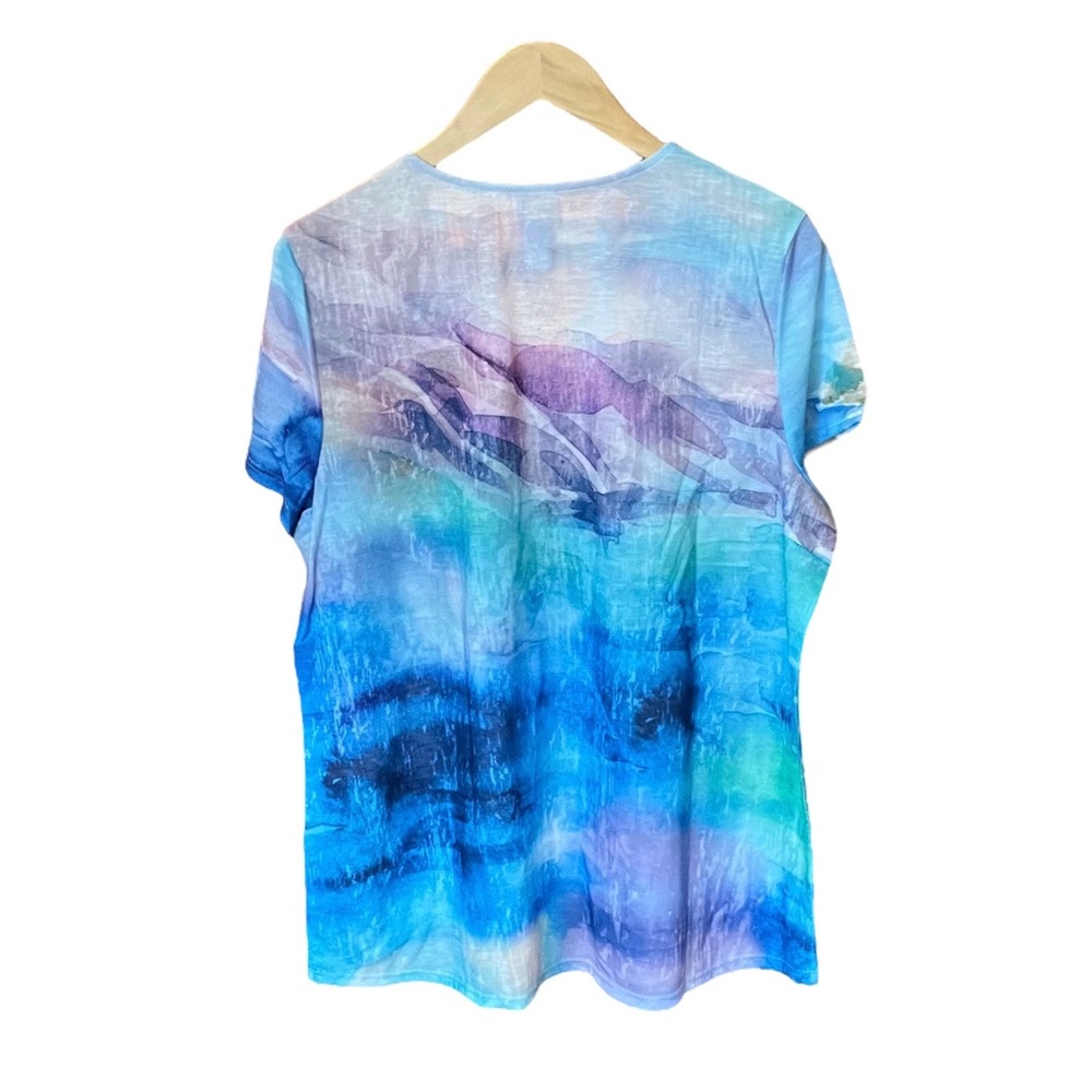 Chico’s Santorini High/Low V-neck Short Sleeve Watercolor Top - Size 3 (US 16) - Picture 2 of 9